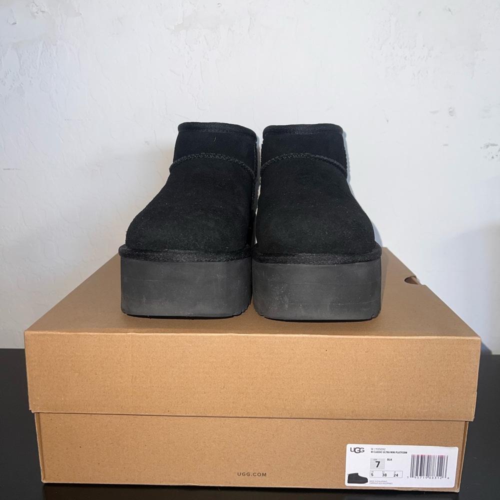 UGG Womens Classic Ultra Mini Black Suede Platform Slip-Ons